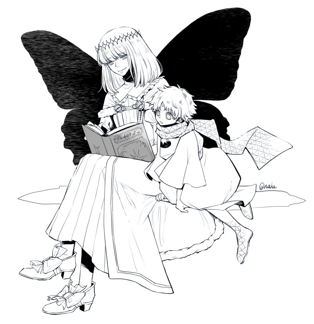 2boys :o bob_cut book butterfly_wings fate/grand_order fate_(series) holding holding_book long_hair looking_at_object monochrome multiple_boys naka9a oberon_(fate) open_book open_mouth reading scarf sitting smile twitter_username voyager_(fate) voyager_(first_ascension)_(fate) wings
