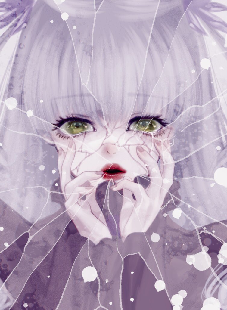 1girl barasuishou blunt_bangs broken_glass close-up crying crying_with_eyes_open crystal dress glass green_eyes hair_ornament hands_up kiru_(m_putorius) long_sleeves looking_at_viewer no_eyepatch parted_lips purple_dress purple_hair red_lips rozen_maiden solo tears