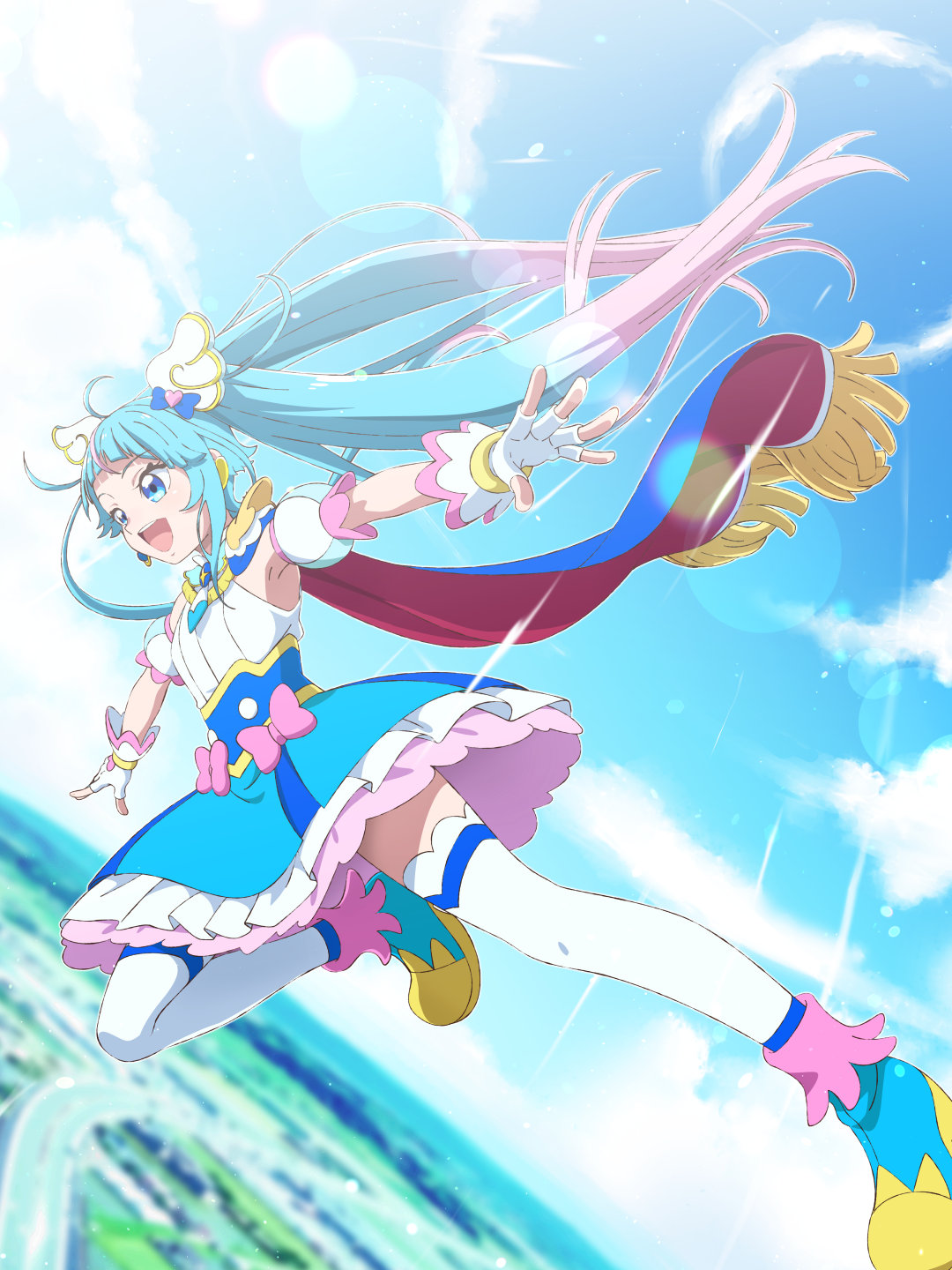 1girl blue_eyes blurry blurry_background cape cure_sky detached_sleeves dutch_angle fingerless_gloves floating flying full_body gloves gradient_hair head_wings highres hirogaru_sky!_precure long_hair magical_girl multicolored_hair multiple_girls open_mouth precure puffy_detached_sleeves puffy_sleeves sky solo sora_harewataru teeth thigh-highs tj-type1 twintails two-sided_cape two-sided_fabric two-tone_hair upper_teeth_only very_long_hair white_gloves white_thighhighs wings