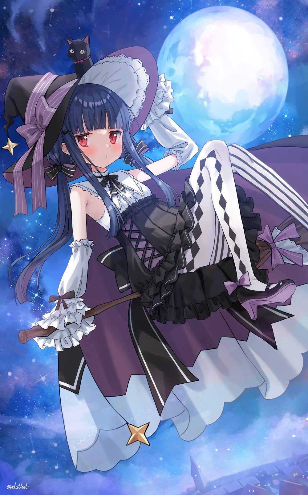 1girl :c argyle argyle_legwear black_bow black_cat black_headwear black_skirt blue_hair blush bow breasts broom broom_riding cat center_frills clouds detached_sleeves dot_nose eluthel flying frilled_shirt frilled_skirt frills full_moon hair_bow hat hat_bow high_heels highres holding holding_broom idolmaster idolmaster_cinderella_girls long_bangs low_twintails moon night outdoors pantyhose parted_lips pleated_skirt raised_eyebrows red_eyes sajo_yukimi shirt sidelocks signature skirt sky sleeveless sleeveless_shirt small_breasts solo star_(sky) starry_sky teeth twintails white_pantyhose white_shirt white_sleeves witch witch_hat