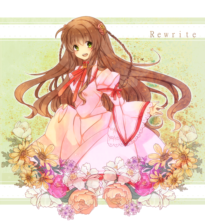 1girl :d ahoge braid brown_hair clothes_lift commentary_request copyright_name cowboy_shot dress dress_lift eyes_visible_through_hair floating_hair floral_background flower frilled_dress frilled_sleeves frills green_background green_eyes hair_between_eyes hair_flower hair_ornament happy juliet_sleeves juri_(nattoutomato) kanbe_kotori kazamatsuri_institute_high_school_uniform lifted_by_self light_blush long_hair long_sleeves looking_at_viewer open_mouth orange_flower pink_dress pink_flower puffy_sleeves purple_flower red_ribbon rewrite ribbon school_uniform simple_background smile solo teeth twin_braids upper_teeth_only very_long_hair wavy_hair white_flower wide_sleeves yellow_flower