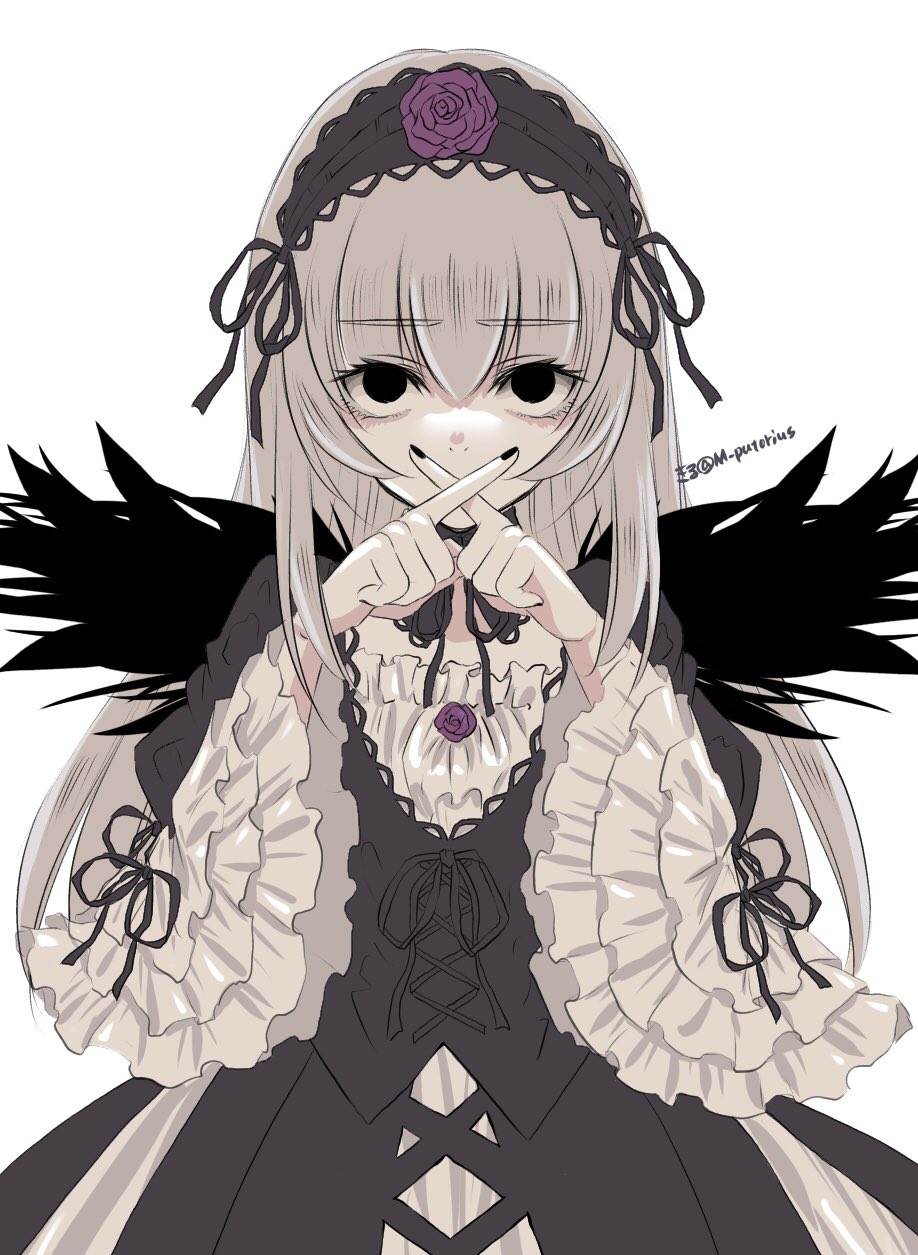 1girl black_dress black_eyes black_nails black_wings crossed_fingers dress expressionless flower frilled_sleeves frills gothic_lolita grey_hair hairband highres kiru_(m_putorius) lolita_fashion lolita_hairband long_hair looking_at_viewer rose rozen_maiden simple_background solo suigintou upper_body white_background wide_sleeves wings x_fingers