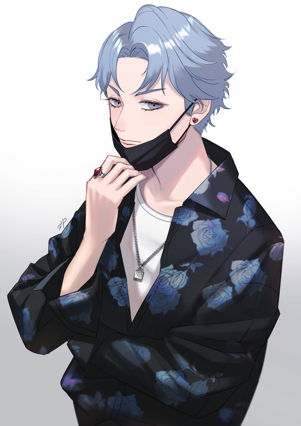 1boy blue_hair crossed_arms dress_shirt earrings floral_print frown heart heart_earrings highres jewelry lock looking_to_the_side male_focus mask mask_pull mouth_mask necklace original parted_bangs partially_unbuttoned ring shirt short_hair solo undershirt upper_body violet_eyes yori_(ito_haruki)