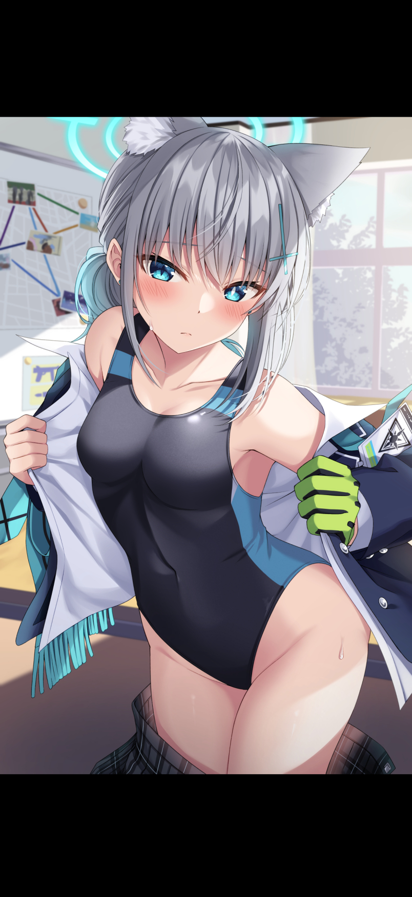 1girl animal_ears blue_archive blue_eyes blush competition_swimsuit covered_navel gloves grey_hair hair_ornament hair_tie halo highres komori_kuzuyu letterboxed long_hair looking_at_viewer mismatched_pupils necktie official_alternate_costume one-piece_swimsuit scarf school_uniform shiroko_(blue_archive) shiroko_(swimsuit)_(blue_archive) skirt solo sweatdrop swimsuit swimsuit_under_clothes undressing wolf_ears