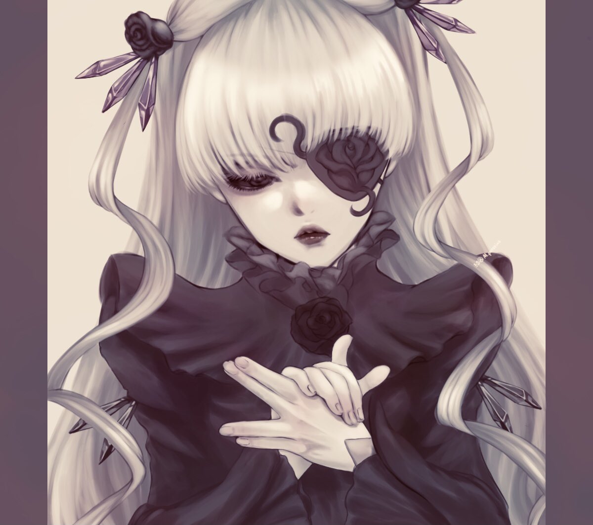 1girl barasuishou crystal dog_shadow_puppet dress eyepatch flower flower_eyepatch greyscale hair_ornament kiru_(m_putorius) lolita_fashion long_hair long_sleeves looking_down monochrome own_hands_together rose rozen_maiden simple_background solo two_side_up upper_body