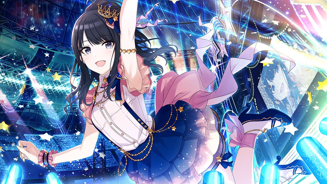 1girl :d ankle_ribbon arm_garter arm_up armpits black_hair blue_footwear blue_ribbon blue_skirt bow breasts chain collared_shirt crowd crown curtains frilled_skirt frilled_sleeves frills game_cg glowstick gold_chain hair_ornament hair_ribbon half_updo high_heels idolmaster idolmaster_shiny_colors jumping kazano_hiori leg_ribbon long_hair looking_at_viewer mini_crown mole mole_under_mouth official_art penlight_(glowstick) pink_bow pink_ribbon ribbon shirt skirt sleeveless sleeveless_shirt small_breasts smile solo_focus sparkle stage stage_lights star_(sky) star_(symbol) suspender_skirt suspenders violet_eyes white_shirt wrist_cuffs