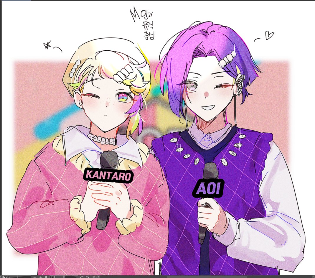 2boys blonde_hair blush character_name closed_mouth collared_shirt freckles green_eyes h4td4 holding holding_microphone kureha_aoi light_green_hair light_purple_hair long_sleeves looking_at_viewer male_focus microphone misuji_kantaro multicolored_eyes multicolored_hair multiple_boys one_eye_closed paradox_live pink_sweater purple_hair purple_sweater_vest shirt sweater sweater_vest teeth violet_eyes white_shirt