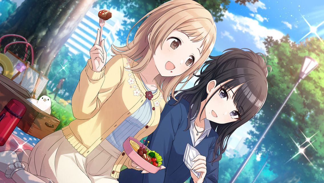 2girls :d bento bird black_hair blue_sky blue_sweater brown_eyes cardigan clouds collared_shirt dutch_angle floral_print food food_on_face fork frilled_socks frills game_cg grey_shirt half_updo handkerchief holding holding_bento holding_food holding_fork holding_handkerchief idolmaster idolmaster_shiny_colors jewelry kazano_hiori lamppost light_brown_hair looking_at_another medium_hair mole mole_under_mouth multiple_girls necklace no_shoes official_art on_ground open_collar open_mouth outdoors ribbed_shirt sakuragi_mano shirt sitting skirt sky smile socks sparkle sweater thermos tree violet_eyes yellow_cardigan