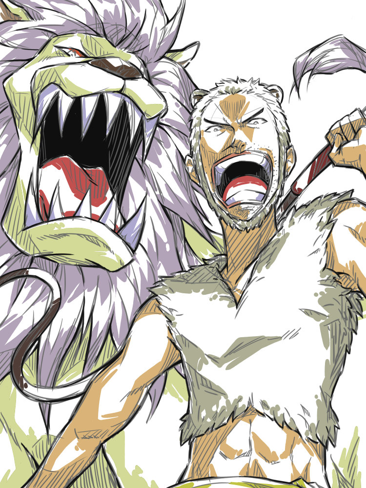 1boy animal animal_ears facial_hair holding holding_whip knockout_(kimi0228) lion looking_at_viewer mohji one_piece open_mouth richie_(one_piece) short_hair simple_background teeth whip white_background white_hair