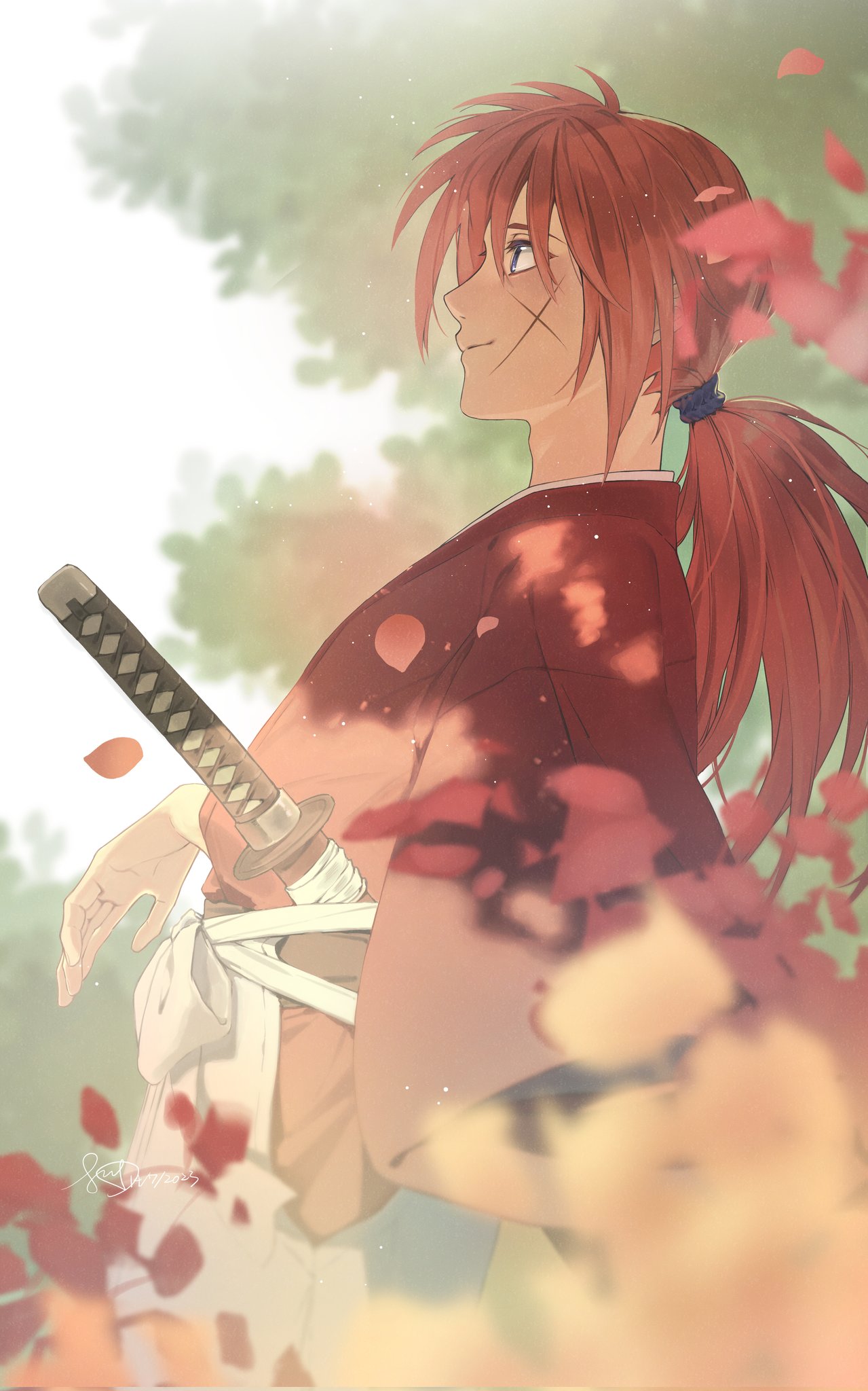 1boy blue_eyes blurry blurry_background blurry_foreground closed_mouth commentary_request cowboy_shot cross_scar elbow_rest falling_petals from_side hakama highres himura_kenshin japanese_clothes katana kimono long_hair low_ponytail outdoors petals profile red_kimono redhead rurouni_kenshin scar scar_on_cheek scar_on_face sheath sheathed signature smile solo sua_lucid sword tree weapon white_hakama wide_sleeves