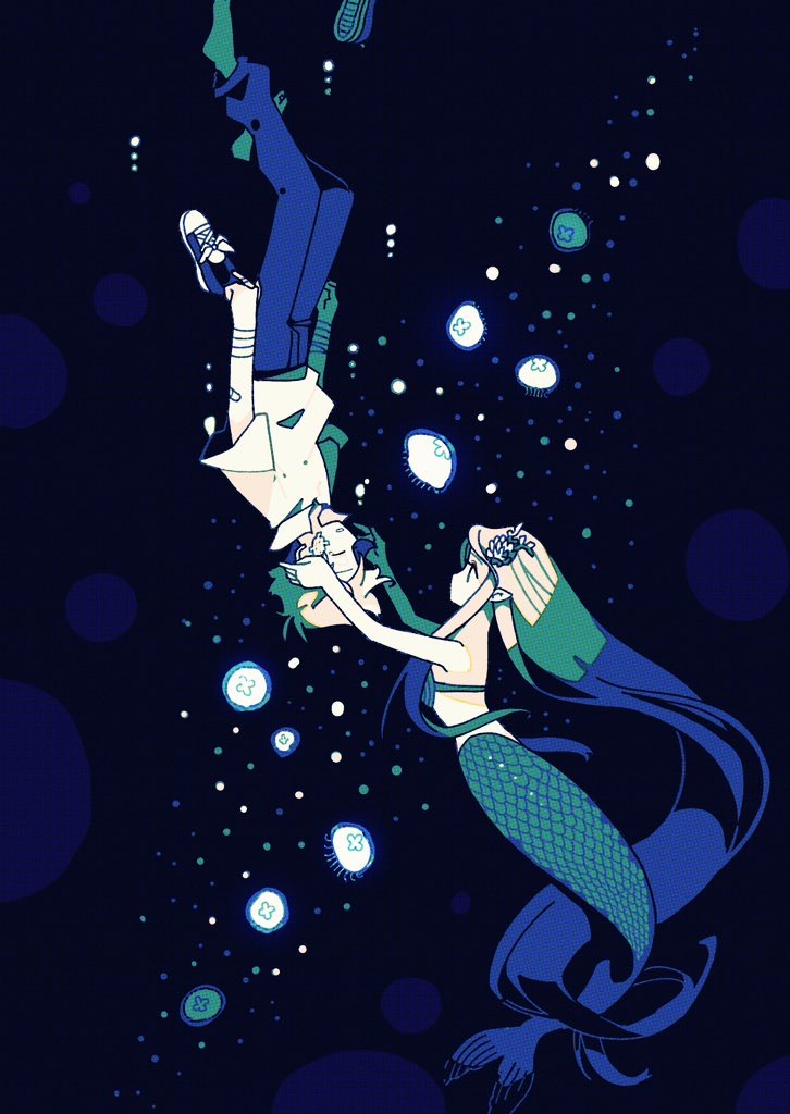 1boy 1girl air_bubble blue_hair blue_pants bubble commentary_request fins full_body green_scales head_fins holding_another's_head kneeless_mermaid long_hair long_sleeves looking_at_another mermaid monster_girl no_shoes original pants shirt shoes shoes_removed short_hair sidelocks tenteko_mai51 underwater upside-down very_long_hair white_hair white_shirt