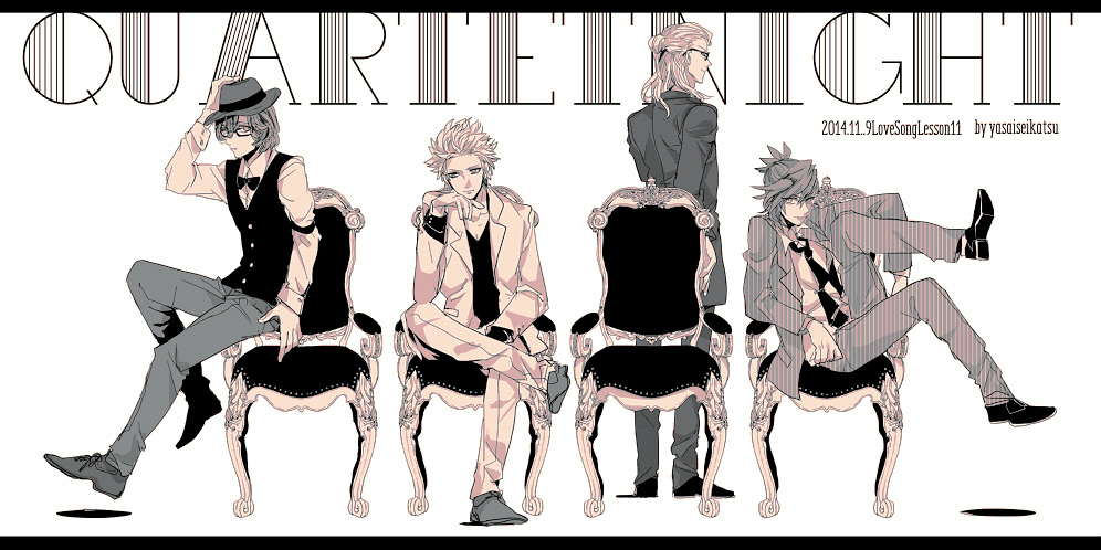 4boys alternate_hairstyle armchair bespectacled bow bowtie buttoned_cuffs camus_(uta_no_prince-sama) chair collared_shirt cross-laced_footwear double-parted_bangs fedora figure_four_sitting from_behind glasses greyscale group_name hair_between_eyes hair_bun hair_slicked_back half_updo hat head_rest hito666_syou jacket kotobuki_reiji kurosaki_ranmaru lapels leg_up letterboxed loafers looking_at_viewer loose_necktie male_focus medium_hair mikaze_ai monochrome multiple_boys necktie notched_lapels on_chair open_clothes open_jacket pants profile quartet_night shirt shoes short_hair short_ponytail sideways_glance simple_background single_hair_bun sitting sitting_sideways sleeve_garter spiky_hair standing straight-on striped striped_jacket striped_pants striped_suit suit suit_jacket unmoving_pattern uta_no_prince-sama v-neck vertical-striped_jacket vertical_stripes vest white_background wing_collar
