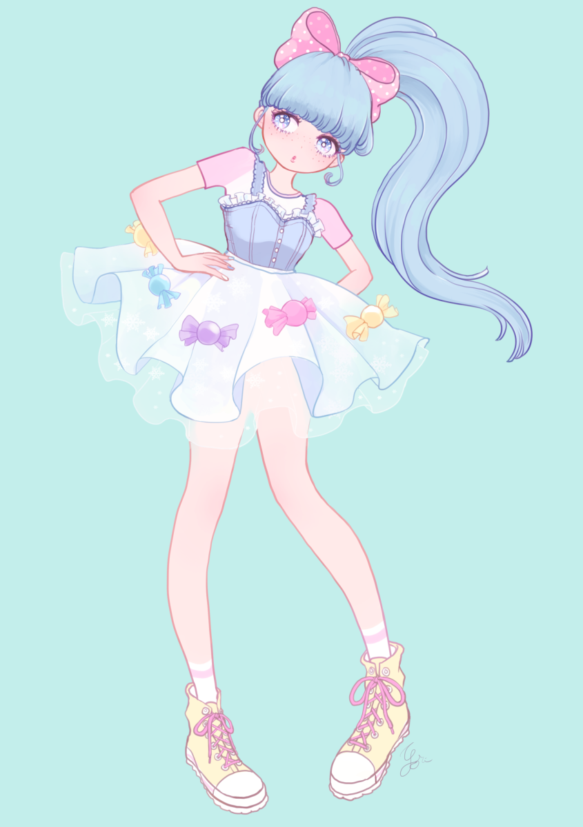 1girl ankle_socks aqua_background blue_eyes blue_hair blue_nails blunt_bangs bow bustier candy candy_wrapper food food-themed_clothes freckles full_body hair_bow hands_on_own_hips highres long_hair looking_to_the_side nail_polish original pastel_colors petticoat pigeon-toed polka_dot polka_dot_bow ponytail puckered_lips raglan_sleeves see-through shoes short_sleeves skirt sneakers socks solo white_nails yori_(ito_haruki)