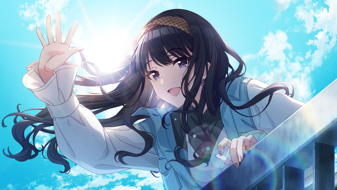1girl :d against_railing black_hair black_shirt blue_jacket blue_sky check_translation clouds collared_shirt day earrings flower_earrings game_cg headband idolmaster idolmaster_shiny_colors jacket jewelry kazano_hiori lens_flare long_hair long_sleeves looking_at_viewer mole mole_under_mouth official_art open_mouth outdoors puffy_long_sleeves puffy_sleeves railing shirt sky smile solo sun translation_request upper_body violet_eyes waving wavy_hair white_jacket white_shirt