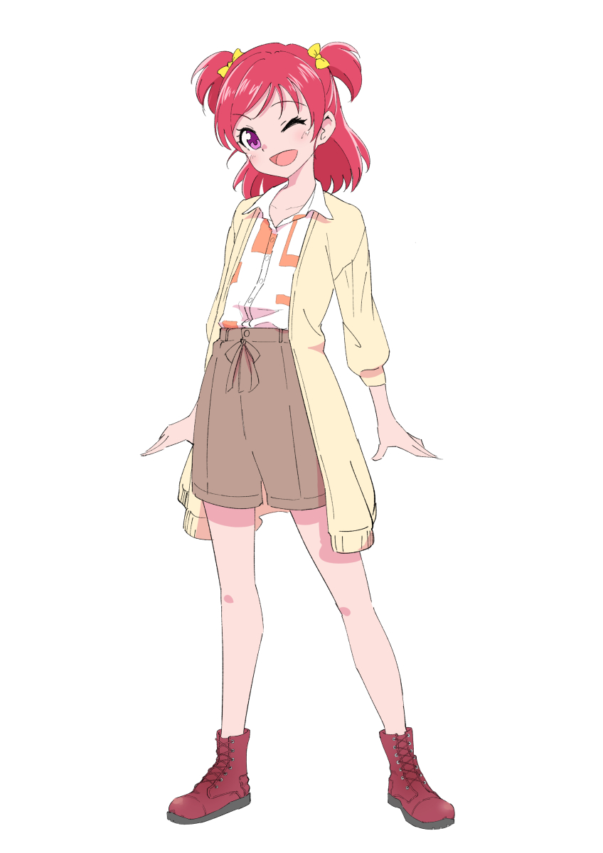 1girl ;d bow brown_shorts collarbone collared_shirt dress_shirt full_body hair_bow highres jwetefmgyvhlxqn long_hair long_sleeves looking_at_viewer one_eye_closed open_mouth precure print_shirt red_eyes red_footwear redhead shirt shorts simple_background smile solo standing two_side_up white_background white_shirt wing_collar yellow_bow yes!_precure_5 yumehara_nozomi