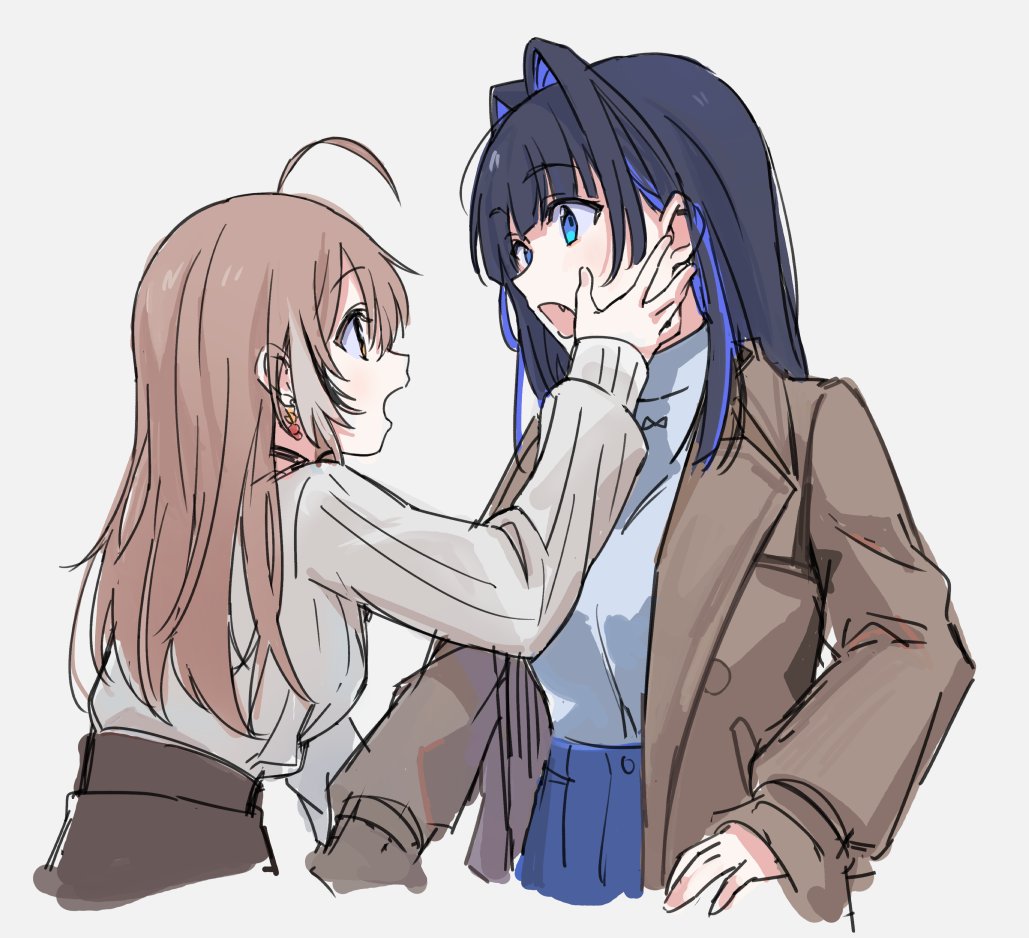 2girls ahoge berry black_choker blue_eyes blue_hair blunt_bangs brown_coat brown_eyes brown_hair brown_skirt choker coat colored_inner_hair crossed_bangs denim earrings fang food-themed_earrings hair_intakes hand_on_another's_face high-waist_pants hime_cut hololive hololive_english jeans jewelry kisuu_(oddnumberr_) leaning_forward long_hair looking_at_another multicolored_hair multiple_girls nanashi_mumei nanashi_mumei_(3rd_costume) official_alternate_costume open_mouth ouro_kronii ouro_kronii_(3rd_costume) pants shirt sidelocks skirt sleeves_past_wrists streaked_hair sweater turtleneck virtual_youtuber white_shirt white_sweater yuri