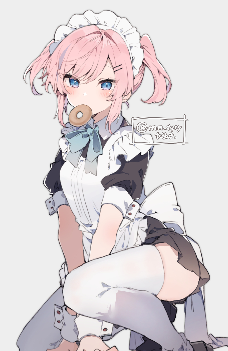 1girl apron arms_between_legs black_shirt black_skirt blue_bow blue_bowtie blue_eyes blue_hair blush bow bowtie breasts collared_shirt doughnut feet_out_of_frame food food_in_mouth frilled_apron frills grey_background hair_ornament hairclip highres ikeuchi_tanuma layered_clothes looking_at_viewer maid maid_headdress miniskirt multicolored_hair on_one_knee original pink_hair pleated_skirt puffy_short_sleeves puffy_sleeves raised_eyebrows rije_(ikeuchi_tanuma) shirt short_hair short_sleeves short_twintails sidelocks simple_background skindentation skirt small_breasts solo streaked_hair swept_bangs thigh-highs thighs twintails watermark white_apron white_shirt white_thighhighs white_wrist_cuffs zettai_ryouiki