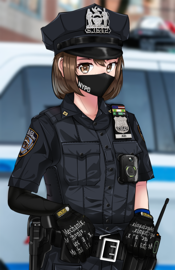 1girl arm_warmers badge belt body_cam brown_eyes brown_hair car english_text field_radio ford ford_explorer gloves gun jizi mask motor_vehicle mouth_mask new_york new_york_city_police_department original police police_badge police_car police_uniform product_placement short_hair short_sleeves sports_utility_vehicle uniform united_states weapon