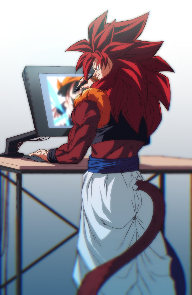 1boy baggy_pants blue_eyes blurry chromatic_aberration commentary_request dragon_ball dragon_ball_gt drawing_tablet from_behind gogeta holding holding_stylus male_focus metamoran_vest monkey_tail pan_(dragon_ball) pants red_fur redhead rom_(20) smile solo standing stylus super_saiyan super_saiyan_4 table tail