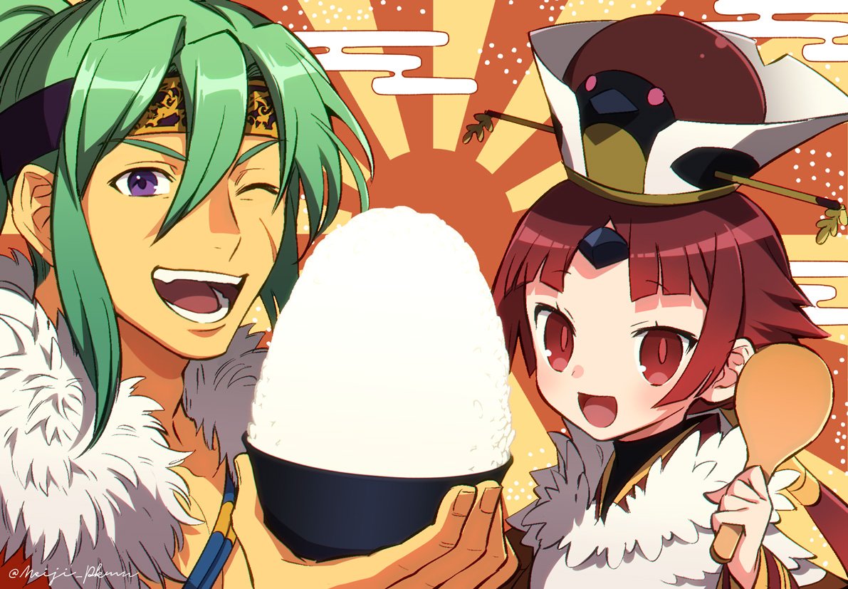 1boy 1girl :d benienma_(fate) blunt_bangs bowl chinese_clothes clouds fate/grand_order fate_(series) fur_trim green_hair hair_between_eyes holding long_hair looking_at_viewer meiji_ken new_year one_eye_closed pectoral_cleavage pectorals red_eyes redhead rice_bowl scar scar_on_cheek scar_on_face sidelocks smile tawara_touta_(fate) upper_body v-shaped_eyebrows violet_eyes