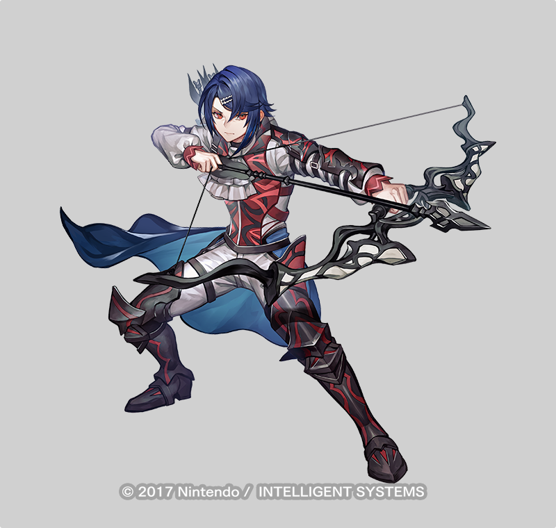 1boy alcryst_(fire_emblem) armor arrow_(projectile) ascot blue_hair bow_(weapon) commentary_request drawing_bow fire_emblem fire_emblem_engage fire_emblem_heroes full_body greaves grey_background hair_ornament hairclip holding holding_bow_(weapon) holding_weapon long_sleeves male_focus official_art pants red_eyes red_vest senano-yu shirt short_hair shoulder_armor sidelocks simple_background solo standing vest waist_cape weapon white_ascot white_pants white_shirt