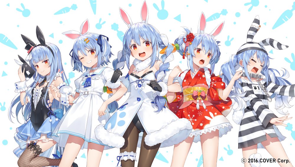 5girls :d animal_ear_fluff animal_ears arm_garter belt black_dress black_gloves black_hairband black_headwear black_leotard black_necktie blue_hair blue_ribbon blue_skirt blunt_bangs blush braid braided_bun breasts brown_pantyhose carrot_hair_ornament chain choker closed_eyes closed_mouth commentary cuffs detached_collar don-chan_(usada_pekora) double_bun dress fake_animal_ears feet_out_of_frame fishnet_thighhighs fishnets food-themed_hair_ornament frilled_cuffs frilled_kimono frilled_skirt frills fur-trimmed_dress fur-trimmed_gloves fur_scarf fur_trim gloves grin hair_between_eyes hair_bun hair_ornament hair_ribbon hairband hairclip hat hikimayu holding holding_mask hololive japanese_clothes kimono leotard leotard_under_clothes light_blue_hair locked_arms long_hair long_sleeves looking_at_viewer mask mask_removed mini_hat mini_top_hat miniskirt multicolored_hair multiple_girls multiple_persona necktie obi obiage obijime official_alternate_costume official_alternate_hairstyle official_art one_eye_closed open_mouth pantyhose parted_lips prison_clothes rabbit-shaped_pupils rabbit_ears rabbit_girl rabbit_mask rabbit_tail red_eyes red_kimono ribbon sailor_collar sash shackles shirt shirt_tucked_in short_dress short_hair short_kimono short_necktie short_sleeves simple_background skirt small_breasts smile smug snowflake_print standing standing_on_one_leg strapless strapless_dress striped striped_dress striped_headwear symbol-shaped_pupils tail tasuki thick_eyebrows thigh-highs tied_ears tilted_headwear top_hat twin_braids twintails two-tone_dress two-tone_hair virtual_youtuber watermark white_background white_belt white_choker white_dress white_hair white_shirt wrist_cuffs yuuki_hagure