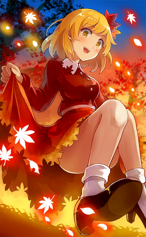 60mai aki_shizuha autumn_leaves black_footwear blonde_hair blush breasts buttons clothes_lift collared_shirt falling_leaves floating gradient_sky grass hair_ornament high_heels jacket leaf leaf_hair_ornament lifted_by_self long_sleeves looking_at_viewer medium_breasts medium_skirt official_art open_mouth red_jacket red_skirt shirt short_hair sitting skirt skirt_lift sky smile socks sunset teeth touhou touhou_cannonball tree upper_teeth_only white_shirt white_socks yellow_eyes