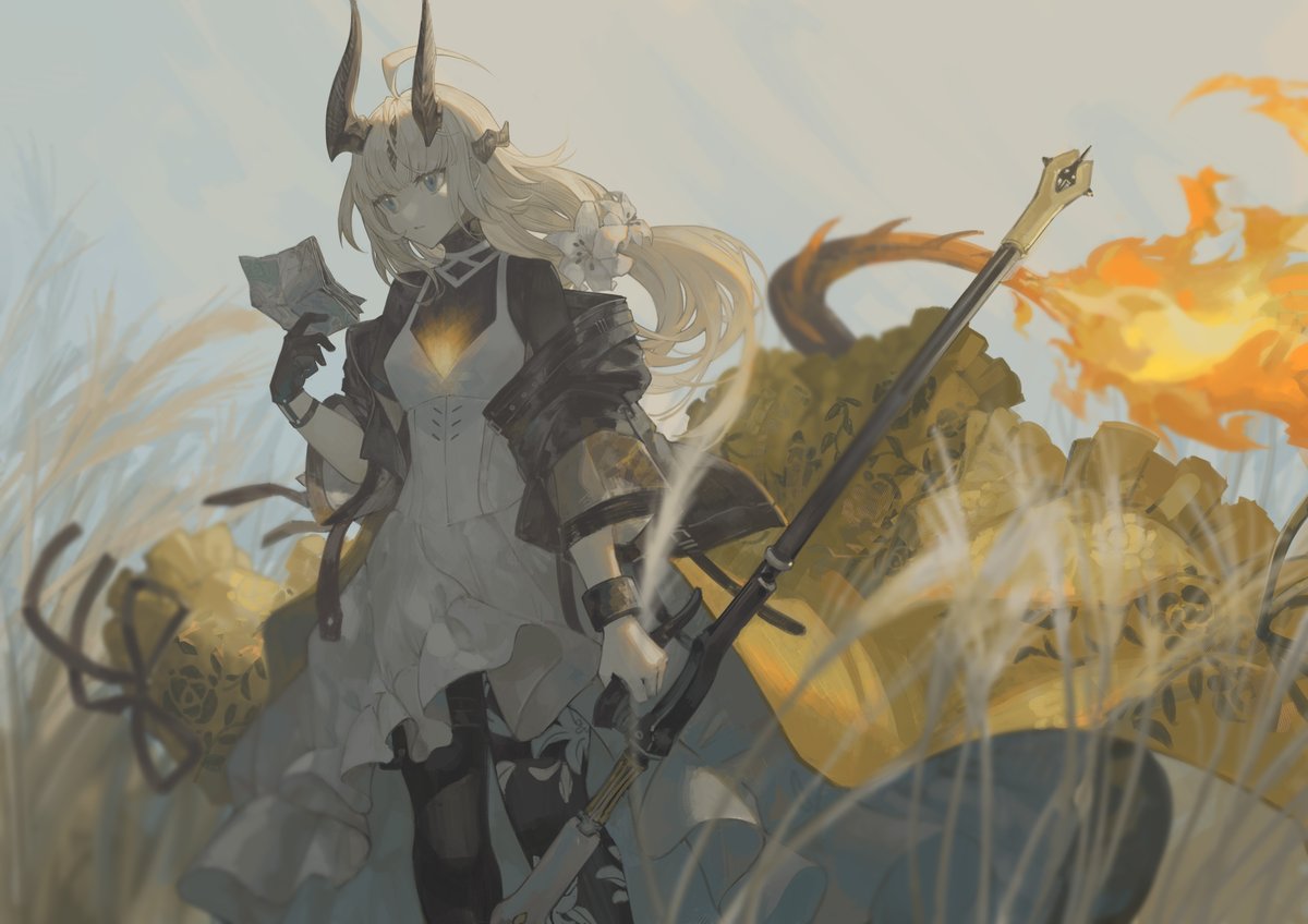 1girl ahoge arknights black_bracelet black_jacket black_pantyhose blonde_hair blue_eyes breasts dragon_girl dragon_horns dragon_tail dress feet_out_of_frame flame-tipped_tail floral_print flower grey_sky hair_flower hair_ornament holding holding_paper holding_staff horns infection_monitor_(arknights) jacket long_hair miike_(992058) official_alternate_costume open_clothes open_jacket outdoors pantyhose paper print_pantyhose reed_(arknights) reed_the_flame_shadow_(arknights) sky small_breasts solo staff tail wheat_field white_dress white_flower