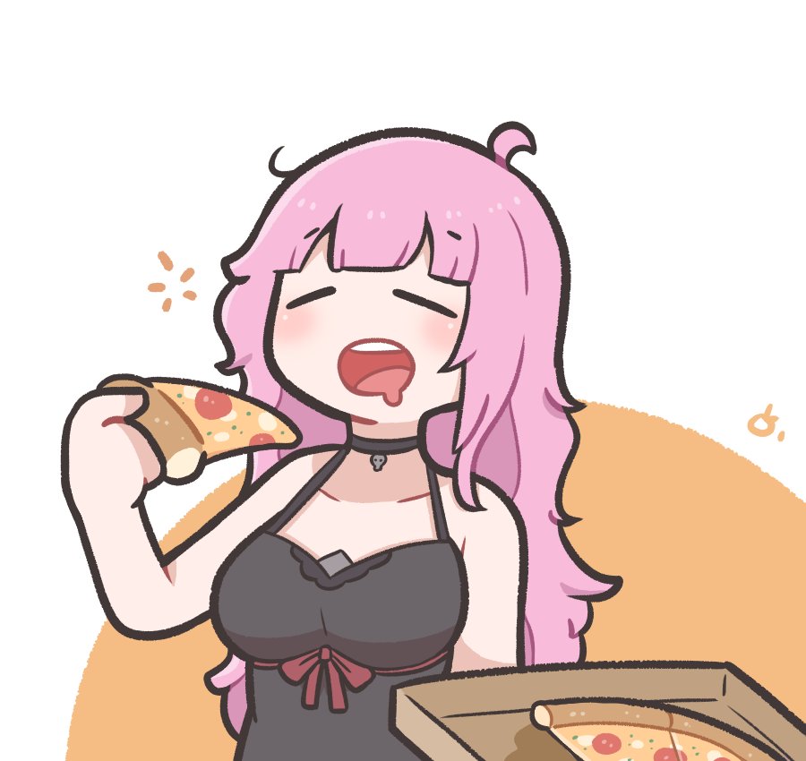 1girl black_choker black_nightgown breasts choker closed_eyes collarbone eating food holding holding_food holding_pizza hololive hololive_english large_breasts long_hair messy_hair mori_calliope mori_calliope_(6th_costume) nightgown official_alternate_costume official_alternate_hairstyle open_mouth pink_hair pizza pizza_box simple_background skull_choker teeth underdatv upper_teeth_only virtual_youtuber