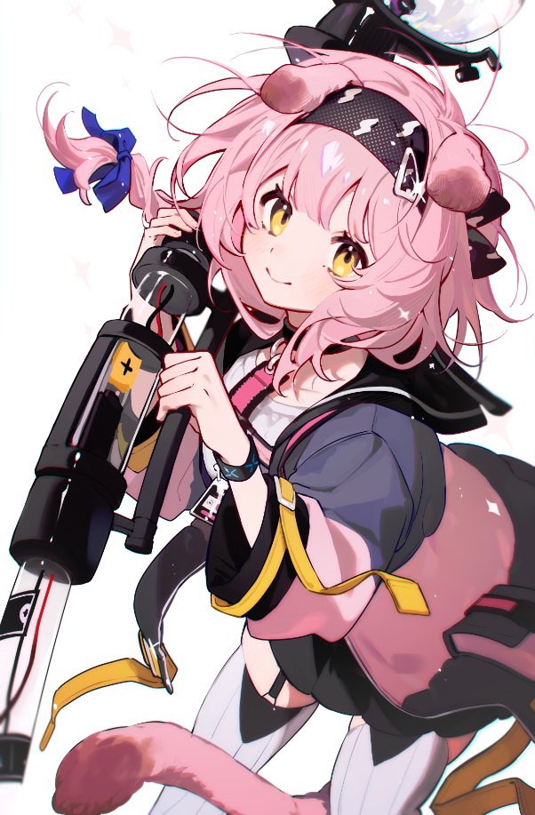 1girl :&gt; animal_ears arknights black_bracelet black_headband black_jacket blush bracelet cat_ears cat_girl cat_tail commentary dot_nose goldenglow_(arknights) headband holding holding_staff infection_monitor_(arknights) jacket jewelry leaning_forward lightning_bolt_print looking_at_viewer messy_hair motamo_(motamotri) multicolored_clothes multicolored_jacket pink_hair pink_jacket scottish_fold shirt short_hair smile solo staff symbol-only_commentary tail thigh-highs white_shirt white_thighhighs yellow_eyes