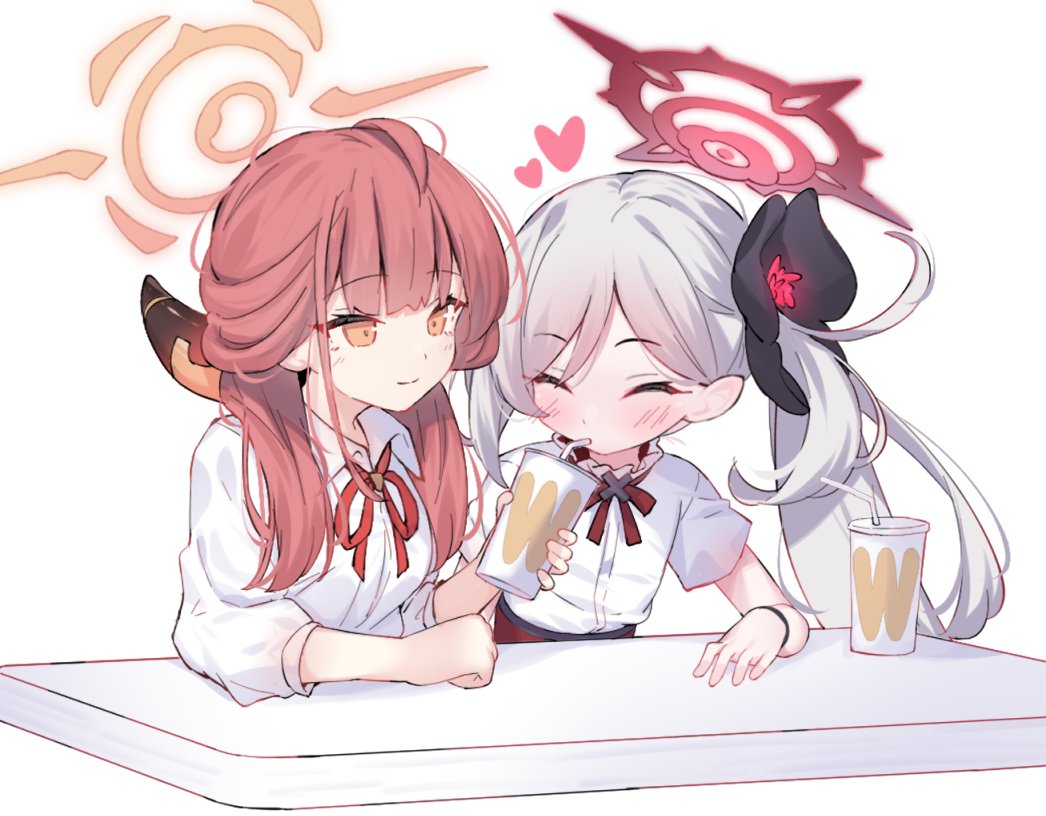 2girls aru_(blue_archive) blue_archive blush chibi closed_eyes closed_mouth collared_shirt cup demon_horns disposable_cup drinking_straw drinking_straw_in_mouth eip_(pepai) eyelashes feeding grey_hair hair_ornament hair_scrunchie halo heart holding holding_cup horns long_hair looking_at_another multiple_girls mutsuki_(blue_archive) neck_ribbon red_ribbon redhead ribbon scrunchie shirt side_ponytail sitting smile very_long_hair white_shirt wristband