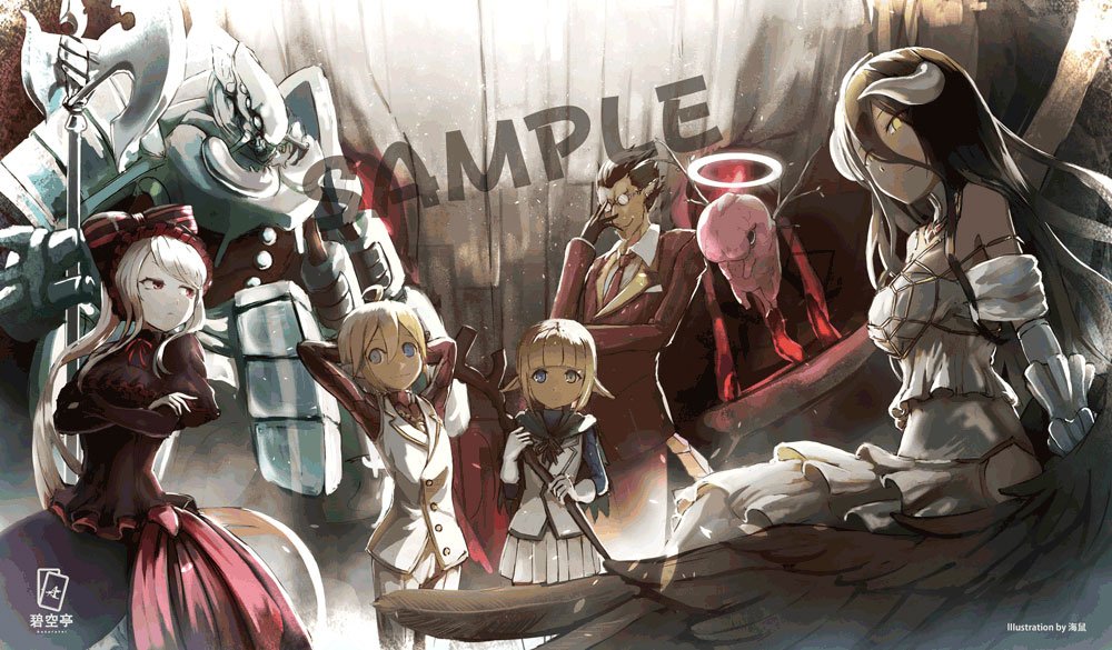 1other 3boys 3girls ahoge albedo_(overlord) arthropod_boy artist_name aura_bella_fiora bare_shoulders black_gloves black_hair black_wings blonde_hair blue_eyes blunt_bangs bow breasts brother_and_sister closed_mouth cocytus_(overlord) commentary_request creature crossdressing crossed_arms dark-skinned_female dark_elf dark_skin demiurge demon_girl demon_horns dress earrings elf feathered_wings frilled_dress frills glasses gloves gothic_lolita green_eyes hair_between_eyes hair_bow halberd halo heterochromia holding holding_staff holding_weapon horns jewelry large_breasts lolita_fashion long_hair looking_at_viewer low_wings mare_bello_fiore multiple_boys multiple_girls namako_(namacotan) necktie otoko_no_ko overlord_(maruyama) pants pointy_ears polearm ponytail red_eyes red_shirt round_eyewear sample_watermark second-party_source shalltear_bloodfallen shirt short_hair siblings sitting skirt smile staff suit thigh-highs vampire very_long_hair vest victim_(overlord_(maruyama)) weapon white_dress white_gloves white_hair white_pants white_shirt white_skirt white_vest wings wooden_staff yellow_eyes