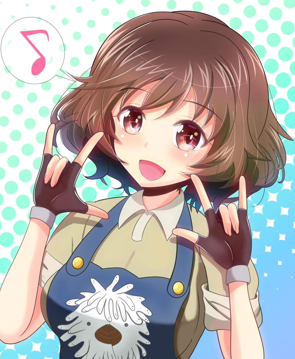 1girl \n/ akiyama_yukari apron araippe black_gloves blue_apron brown_eyes brown_hair casual character_print collared_shirt commentary_request double_\n/ eighth_note fingerless_gloves girls_und_panzer gloves green_shirt highres kumaisao looking_at_viewer messy_hair musical_note open_mouth partial_commentary polka_dot polka_dot_background print_apron shirt short_hair short_sleeves smile solo spoken_musical_note
