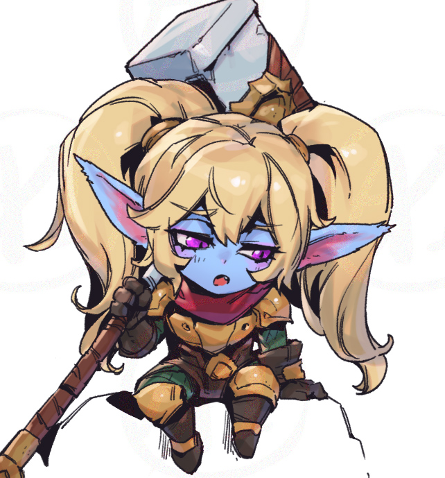 1girl armor armored_boots blush boots brown_gloves fang gloves gold_armor hammer holding holding_hammer holding_weapon league_of_legends long_hair looking_down open_mouth phantom_ix_row pointy_ears poppy_(league_of_legends) sad simple_background sitting solo twintails violet_eyes weapon white_background yordle