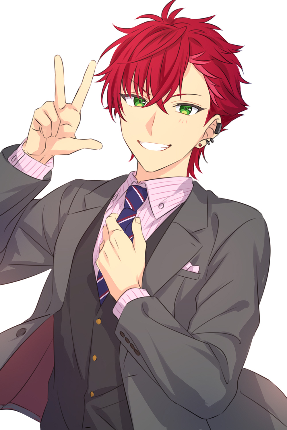1boy adjusting_clothes adjusting_necktie black_vest breast_pocket buttons collared_shirt commentary_request diagonal-striped_necktie ear_piercing earrings formal green_eyes hands_up helios_rising_heroes highres jacket jewelry lapels long_sleeves looking_at_viewer male_focus necktie open_clothes open_jacket otori_akira partial_commentary piercing pocket redhead sekina shawl_lapels shirt short_hair simple_background smile solo stud_earrings teeth upper_body vest white_background