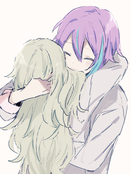 1boy 1girl back bad_id bad_pixiv_id blue_hair closed_eyes closed_mouth commentary_request double-parted_bangs green_hair hand_in_another's_hair hand_on_another's_head hand_up hetero hug kamishiro_rui kusanagi_nene long_hair long_sleeves multicolored_hair project_sekai purple_hair qi7pi short_hair simple_background sleeves_rolled_up streaked_hair two-tone_hair upper_body wavy_hair