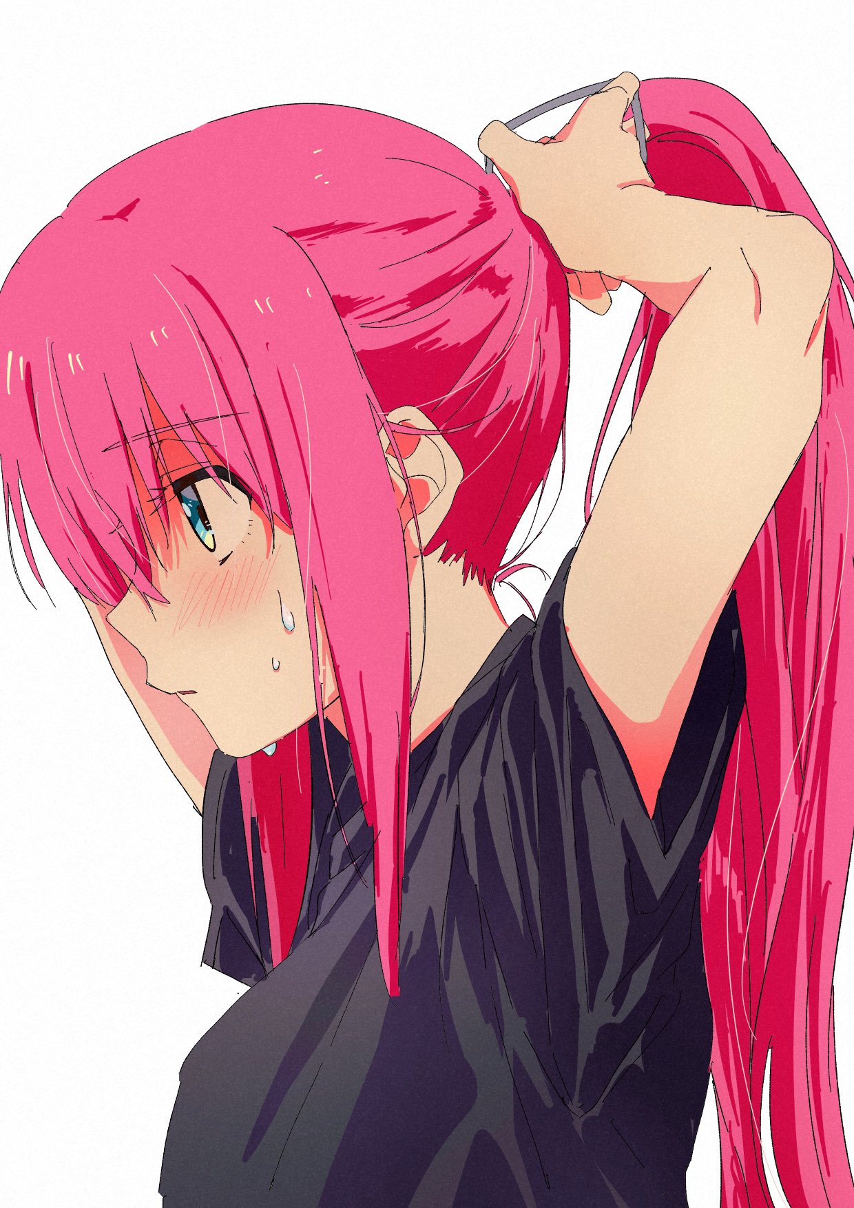 1girl adjusting_hair black_shirt blue_eyes blush bocchi_the_rock! from_side gotoh_hitori highres long_hair lowlifescore one_side_up pink_hair profile shirt short_sleeves simple_background solo white_background