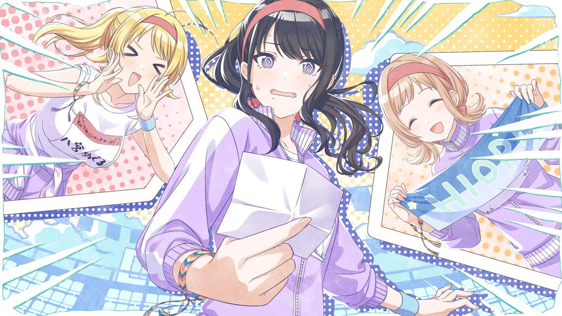 &gt;_&lt; 3girls @_@ black_hair blonde_hair blue_wristband blush bracelet character_name clothes_around_waist collarbone emphasis_lines game_cg hachimiya_meguru hair_flaps halftone halftone_background headband holding holding_paper holding_sign idolmaster idolmaster_shiny_colors illumination_stars_(idolmaster) jacket jacket_around_waist jewelry kazano_hiori light_brown_hair low_twintails mole mole_under_mouth multiple_girls official_art open_mouth paper ponytail purple_track_suit red_headband sakuragi_mano shadow shirt short_twintails shouting shouting_with_hands sidelocks sign sky smile sweat track_suit twintails upper_body violet_eyes wavy_mouth white_shirt yellow_sky