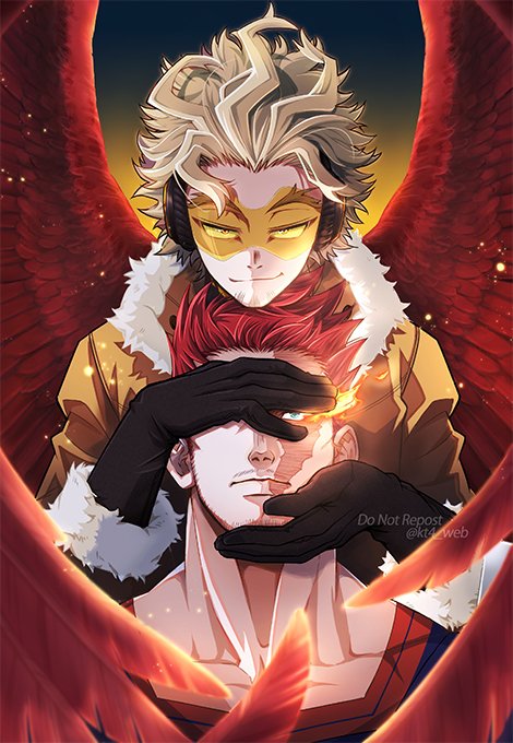 2boys blue_eyes boku_no_hero_academia covering_face endeavor_(boku_no_hero_academia) expressionless facial_hair feathered_wings feathers flaming_eyes goatee_stubble hand_on_another's_cheek hand_on_another's_face hand_over_another's_eye hawks_(boku_no_hero_academia) looking_at_viewer male_focus mature_male multiple_boys red_feathers red_wings redhead scar scar_across_eye short_hair sideburns smirk spiky_hair spread_wings stubble tsukuyomi_kou upper_body wings