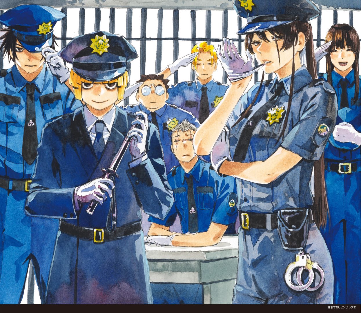 1girl 6+boys aza_touma badge belt biting black_hair blonde_hair closed_eyes cuffs everyone glasses glove_biting gloves hair_between_eyes handcuffs hat holding holding_clothes holding_hat jigokuraku long_hair looking_at_viewer multiple_boys necktie officer official_art open_mouth police police_badge police_hat police_uniform policeman policewoman ponytail scarf serious short_hair short_sleeves sidelocks smile standing uniform white_gloves yamada_asaemon_fuchi yamada_asaemon_sagiri yamada_asaemon_senta yamada_asaemon_shion yamada_asaemon_shugen yamada_asaemon_tensa yuji_kaku
