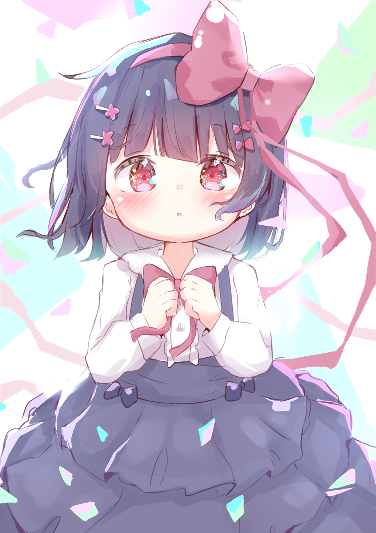 1girl :o black_hair black_skirt blush bow clenched_hands collared_shirt colored_inner_hair dress_bow female_child hair_bow hair_ornament hairclip looking_at_viewer miria_(mamamamave) multicolored_background multicolored_hair original parted_lips pink_bow red_eyes shirt short_hair skirt solo sparkling_eyes suspender_skirt suspenders white_shirt