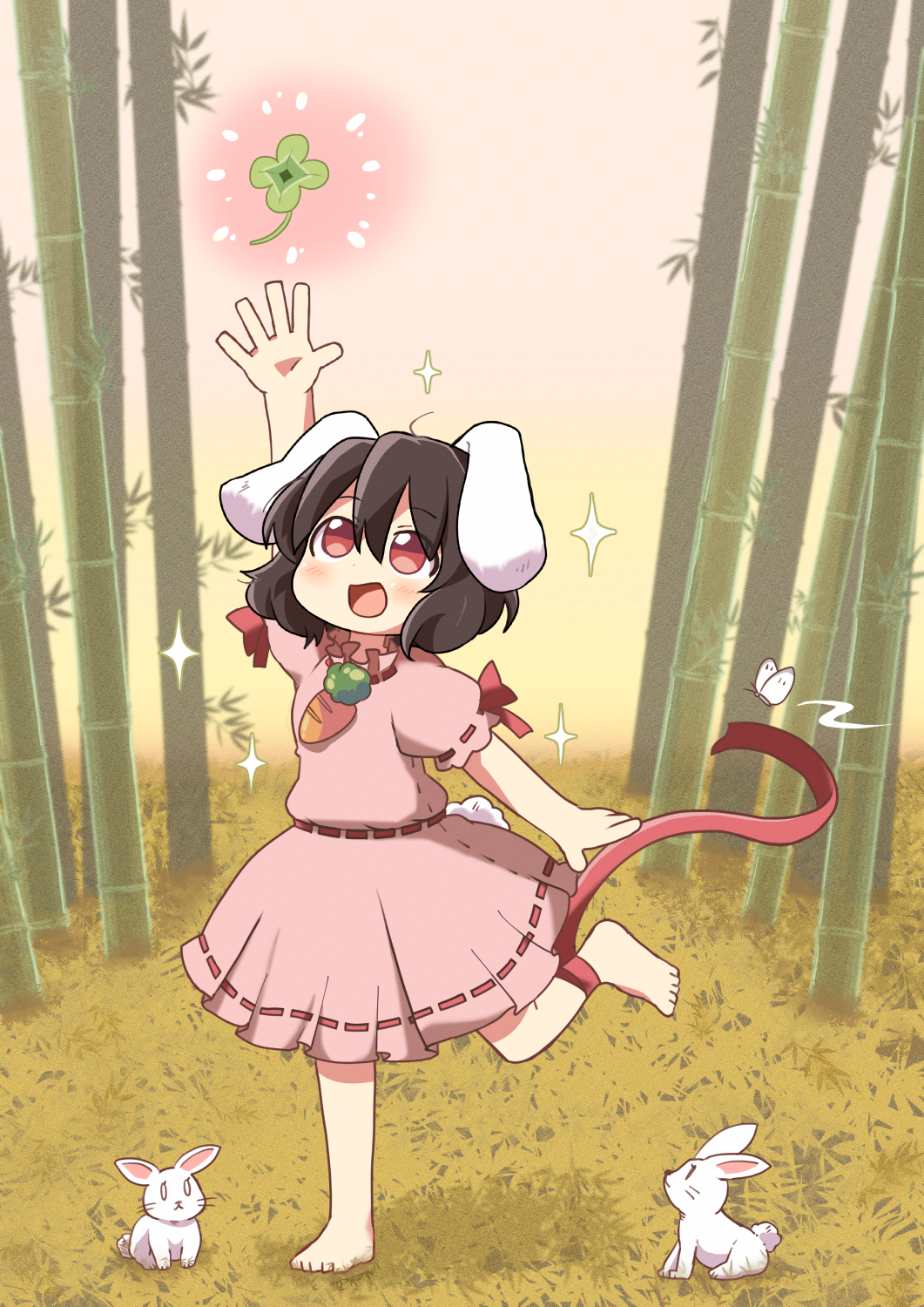 1girl :d animal_ears arm_up bamboo bamboo_forest barefoot black_hair blush carrot_necklace clover commentary_request dokuta dress flat_chest floppy_ears forest four-leaf_clover full_body grass hair_between_eyes highres inaba_tewi jewelry leg_ribbon looking_up medium_bangs nature necklace open_mouth pink_dress puffy_short_sleeves puffy_sleeves rabbit rabbit_ears rabbit_girl rabbit_tail red_eyes red_ribbon ribbon ribbon-trimmed_dress short_hair short_sleeves smile solo sparkle standing standing_on_one_leg tail touhou