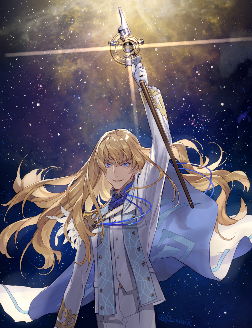 1boy arm_up ascot blonde_hair blue_ascot blue_eyes cape choppy_bangs cowboy_shot diffraction_spikes fate/grand_order fate_(series) feather_trim frilled_sleeves frills gloves grey_shirt hair_between_eyes highres holding holding_staff jacket kirschtaria_wodime long_hair long_sleeves looking_at_viewer male_focus mandarin_collar pants parted_lips pota_(bluegutty) shirt sky smile solo staff star_(sky) starry_sky stole white_cape white_gloves white_jacket white_pants