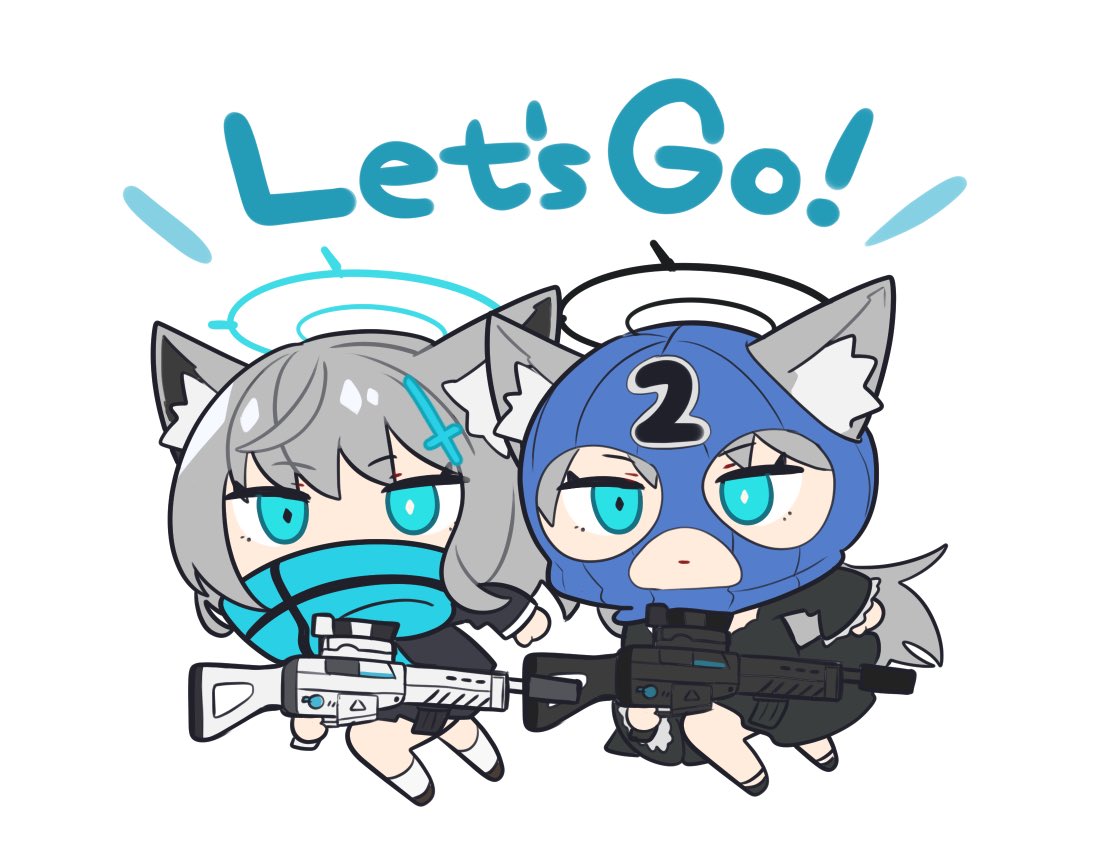 2girls animal_ear_fluff animal_ears aqua_eyes balaclava black_dress black_jacket blue_archive chibi closed_mouth cross_hair_ornament dress dual_persona english_text grey_hair gun hair_ornament halo holding holding_gun holding_weapon jacket long_sleeves mask mismatched_pupils multiple_girls mzh scarf shiroko_(blue_archive) shiroko_(terror)_(blue_archive) simple_background weapon white_background
