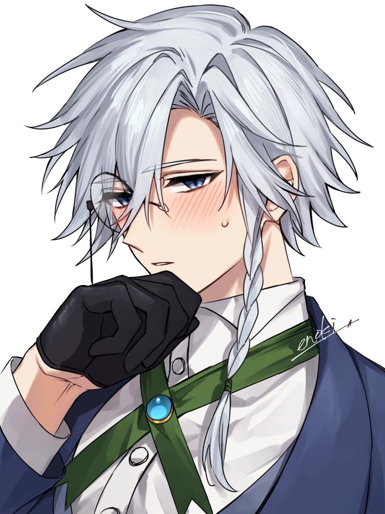 1boy arm_up black_gloves blue_eyes blue_vest blush braid commentary_request enoki_3106 genderswap genderswap_(ftm) gloves green_ribbon half_gloves hand_to_own_mouth izayoi_sakuya long_sleeves looking_at_viewer male_focus monocle neck_ribbon ribbon shirt signature simple_background single_braid solo sweatdrop touhou upper_body vest white_background white_shirt