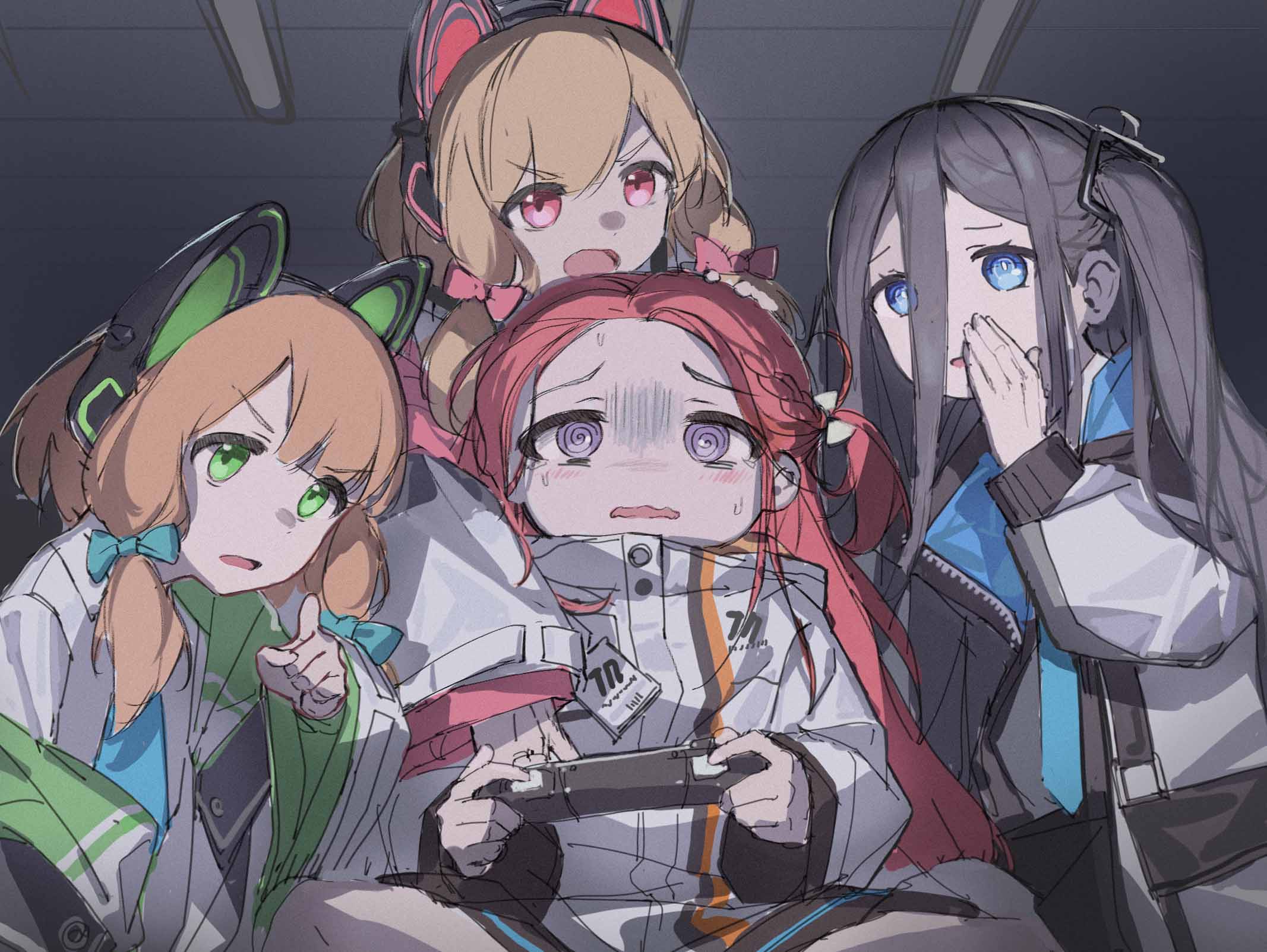 4girls @_@ animal_ear_headphones animal_ears aris_(blue_archive) black_hair blonde_hair blue_archive blue_bow blue_eyes blue_necktie blush bow cat_ear_headphones chinese_commentary collared_shirt commentary_request controller countryman_(artist) facing_viewer fake_animal_ears forehead game_development_department_(blue_archive) green_eyes hair_between_eyes hair_bow hand_up headphones highres holding holding_controller indian_style indoors jacket long_bangs long_hair looking_at_viewer midori_(blue_archive) momoi_(blue_archive) multiple_girls necktie one_side_up open_mouth orange_hair playing_games pointing pointing_at_viewer red_bow red_eyes redhead shirt side_ponytail sitting sweatdrop violet_eyes white_jacket white_shirt yuzu_(blue_archive)