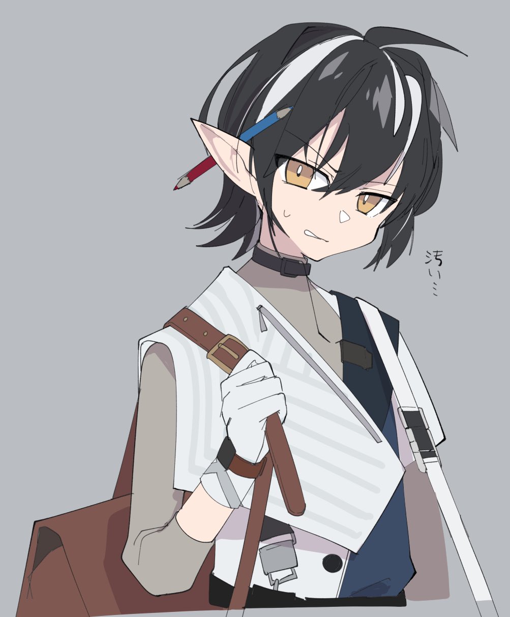 1boy arknights bag black_hair cropped_torso gloves grey_background grey_hair hair_between_eyes highres looking_at_viewer male_focus minimalist_(arknights) multicolored_hair mzh pencil_behind_ear pointy_ears simple_background solo streaked_hair sweat upper_body white_gloves white_hair