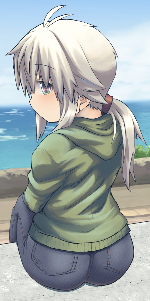 1girl antenna_hair ass black_pants blue_sky closed_mouth clouds cloudy_sky commentary_request day denim from_behind green_hoodie grey_hair hair_between_eyes highres hood hood_down hoodie horizon jeans koshirae_tsurugi looking_at_viewer looking_back low_ponytail m.m ocean original outdoors pants ponytail profile sky solo water