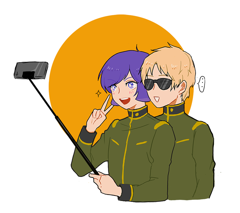 ... :d blonde_hair bright_pupils cellphone char_aznable commentary cropped_torso garma_zabi gundam holding holding_stick long_sleeves looking_at_phone male_focus mobile_suit_gundam_the_origin noodleko open_mouth orange_background phone purple_hair selfie selfie_stick short_hair simple_background smartphone smile sparkle spoken_ellipsis stick sunglasses taking_picture teeth two-tone_background upper_body upper_teeth_only v violet_eyes white_background white_pupils