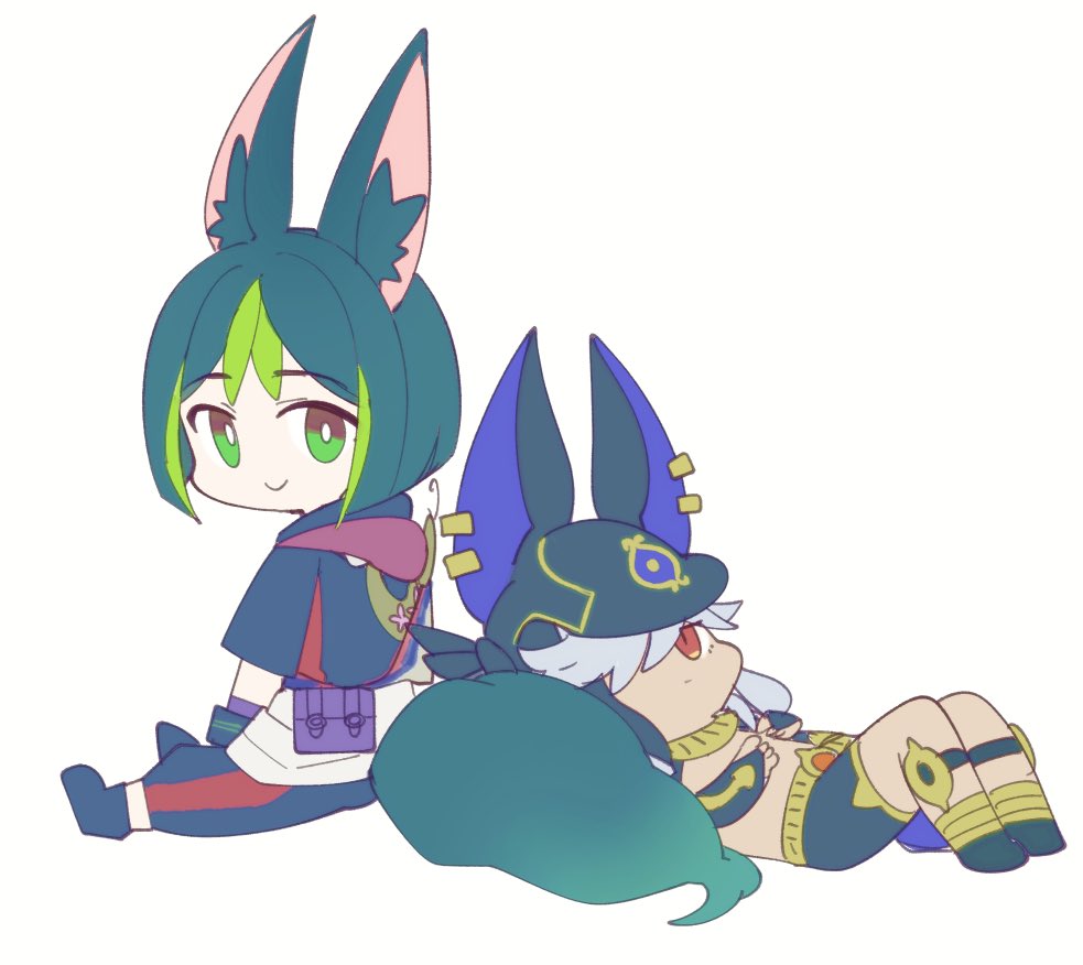 2boys animal_ear_fluff animal_ears animal_hat chibi closed_mouth cyno_(genshin_impact) fox_boy fox_ears fox_tail genshin_impact gloves green_eyes green_hair grey_hair hair_over_one_eye hat hood hood_down looking_at_viewer lying male_focus multicolored_hair multiple_boys mzh on_back red_eyes simple_background sitting smile tail tighnari_(genshin_impact) white_background